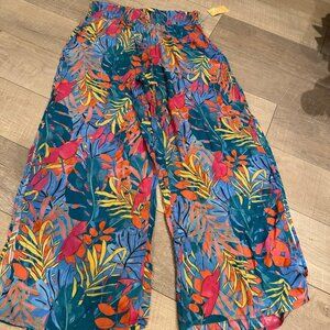 Kona Sol Women Multicolored Tropical Print Swim Cover Pants L12-14 Lightweight